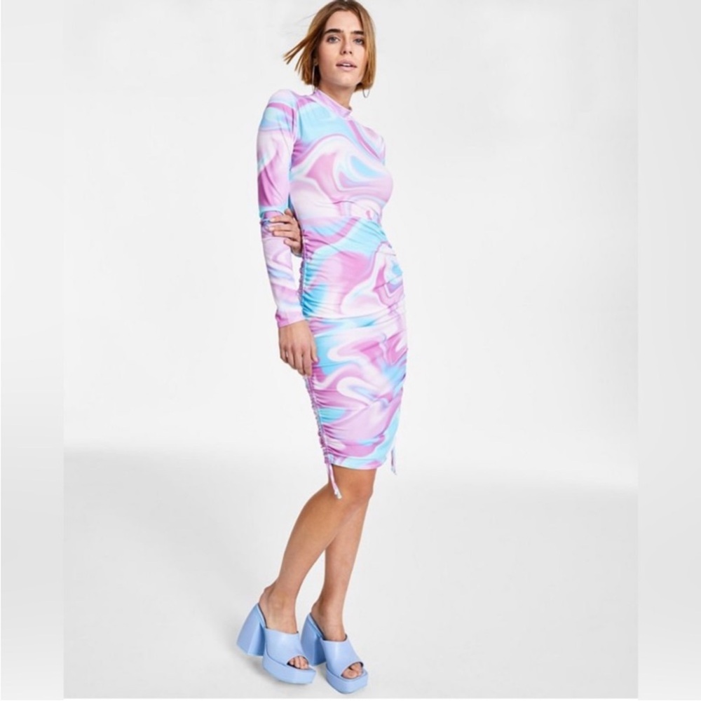 Bar III, Size XS, Ruched Bodycon Dress. Cotton Candy colored swirls.